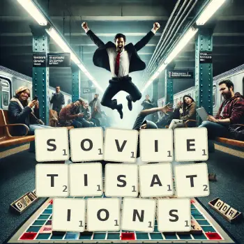 Creative illustration for a Scrabble game with the word SOVIETISATIONS spelled out in tiles on the board.