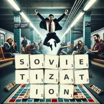 Creative illustration for a Scrabble game with the word SOVIETIZATION spelled out in tiles on the board.