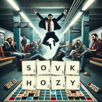 Creative illustration for a Scrabble game with the word SOVKHOZY spelled out in tiles on the board.
