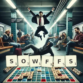 Creative illustration for a Scrabble game with the word SOWFFS spelled out in tiles on the board.