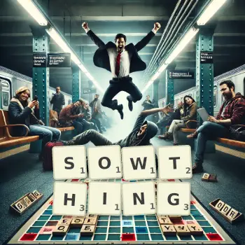 Creative illustration for a Scrabble game with the word SOWTHING spelled out in tiles on the board.