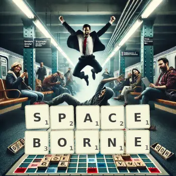 Creative illustration for a Scrabble game with the word SPACEBORNE spelled out in tiles on the board.