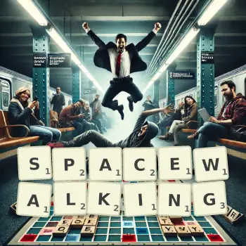 Creative illustration for a Scrabble game with the word SPACEWALKING spelled out in tiles on the board.