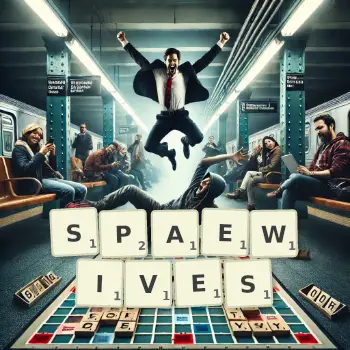 Creative illustration for a Scrabble game with the word SPAEWIVES spelled out in tiles on the board.