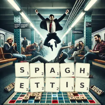 Creative illustration for a Scrabble game with the word SPAGHETTIS spelled out in tiles on the board.
