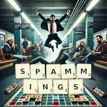 Creative illustration for a Scrabble game with the word SPAMMINGS spelled out in tiles on the board.