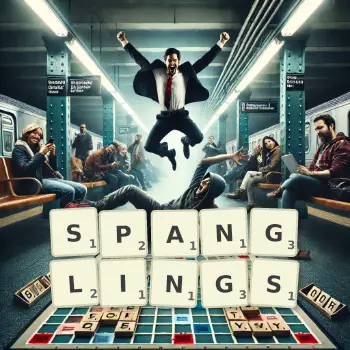 Creative illustration for a Scrabble game with the word SPANGLINGS spelled out in tiles on the board.