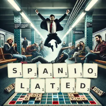 Creative illustration for a Scrabble game with the word SPANIOLATED spelled out in tiles on the board.
