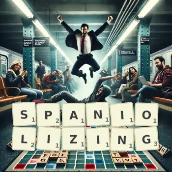 Creative illustration for a Scrabble game with the word SPANIOLIZING spelled out in tiles on the board.