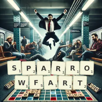 Creative illustration for a Scrabble game with the word SPARROWFART spelled out in tiles on the board.