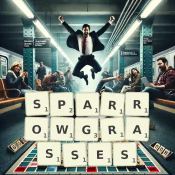 Creative illustration for a Scrabble game with the word SPARROWGRASSES spelled out in tiles on the board.