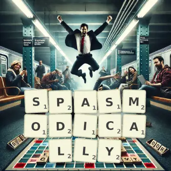 Creative illustration for a Scrabble game with the word SPASMODICALLY spelled out in tiles on the board.