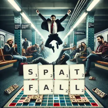 Creative illustration for a Scrabble game with the word SPATFALL spelled out in tiles on the board.