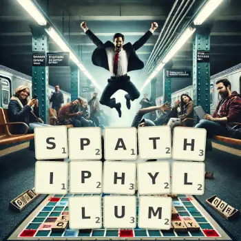 Creative illustration for a Scrabble game with the word SPATHIPHYLLUM spelled out in tiles on the board.