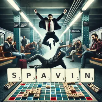 Creative illustration for a Scrabble game with the word SPAVIN spelled out in tiles on the board.