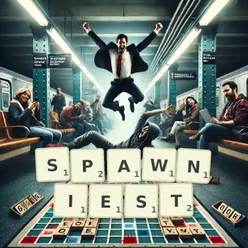 Creative illustration for a Scrabble game with the word SPAWNIEST spelled out in tiles on the board.