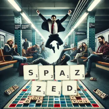 Creative illustration for a Scrabble game with the word SPAZZED spelled out in tiles on the board.
