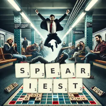 Creative illustration for a Scrabble game with the word SPEARIEST spelled out in tiles on the board.