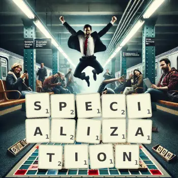 Creative illustration for a Scrabble game with the word SPECIALIZATION spelled out in tiles on the board.