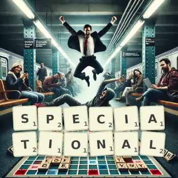 Creative illustration for a Scrabble game with the word SPECIATIONAL spelled out in tiles on the board.