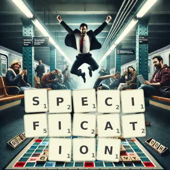 Creative illustration for a Scrabble game with the word SPECIFICATION spelled out in tiles on the board.