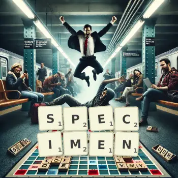 Creative illustration for a Scrabble game with the word SPECIMEN spelled out in tiles on the board.