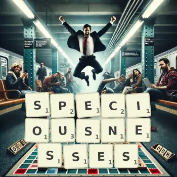 Creative illustration for a Scrabble game with the word SPECIOUSNESSES spelled out in tiles on the board.