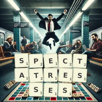 Creative illustration for a Scrabble game with the word SPECTATRESSES spelled out in tiles on the board.