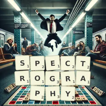 Creative illustration for a Scrabble game with the word SPECTROGRAPHY spelled out in tiles on the board.