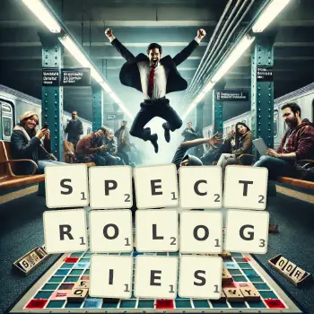 Creative illustration for a Scrabble game with the word SPECTROLOGIES spelled out in tiles on the board.