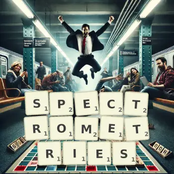 Creative illustration for a Scrabble game with the word SPECTROMETRIES spelled out in tiles on the board.