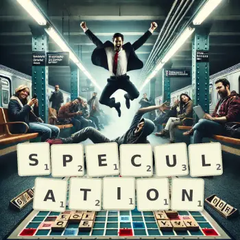 Creative illustration for a Scrabble game with the word SPECULATION spelled out in tiles on the board.