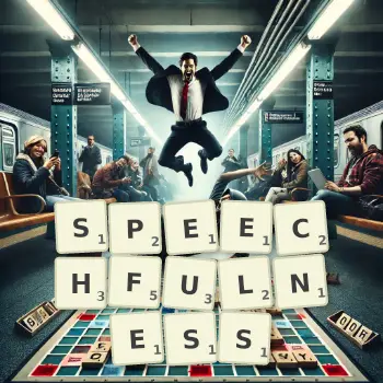 Creative illustration for a Scrabble game with the word SPEECHFULNESS spelled out in tiles on the board.