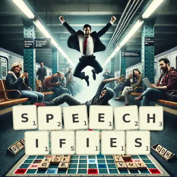 Creative illustration for a Scrabble game with the word SPEECHIFIES spelled out in tiles on the board.