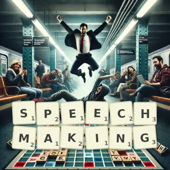 Creative illustration for a Scrabble game with the word SPEECHMAKING spelled out in tiles on the board.
