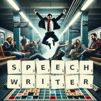 Creative illustration for a Scrabble game with the word SPEECHWRITER spelled out in tiles on the board.