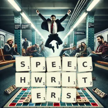 Creative illustration for a Scrabble game with the word SPEECHWRITERS spelled out in tiles on the board.