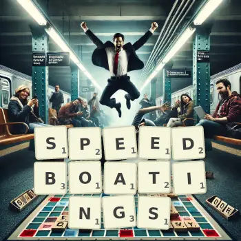 Creative illustration for a Scrabble game with the word SPEEDBOATINGS spelled out in tiles on the board.