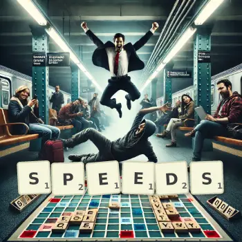 Creative illustration for a Scrabble game with the word SPEEDS spelled out in tiles on the board.