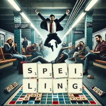 Creative illustration for a Scrabble game with the word SPEILING spelled out in tiles on the board.