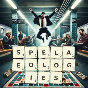 Creative illustration for a Scrabble game with the word SPELAEOLOGIES spelled out in tiles on the board.