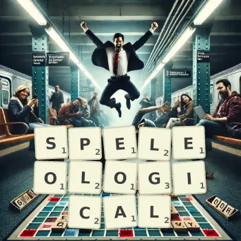 Creative illustration for a Scrabble game with the word SPELEOLOGICAL spelled out in tiles on the board.