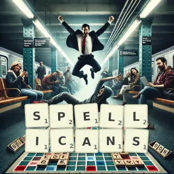 Creative illustration for a Scrabble game with the word SPELLICANS spelled out in tiles on the board.