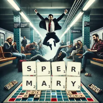 Creative illustration for a Scrabble game with the word SPERMARY spelled out in tiles on the board.