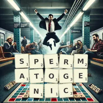 Creative illustration for a Scrabble game with the word SPERMATOGENIC spelled out in tiles on the board.