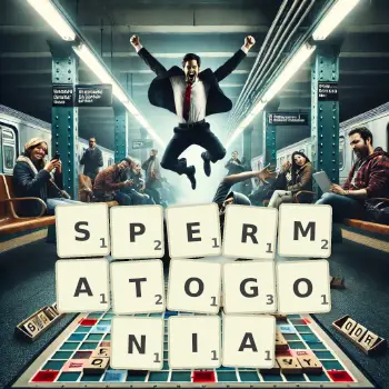 Creative illustration for a Scrabble game with the word SPERMATOGONIA spelled out in tiles on the board.