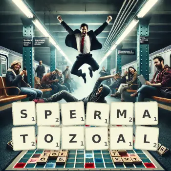 Creative illustration for a Scrabble game with the word SPERMATOZOAL spelled out in tiles on the board.