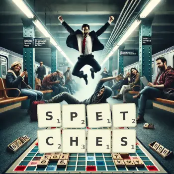 Creative illustration for a Scrabble game with the word SPETCHES spelled out in tiles on the board.