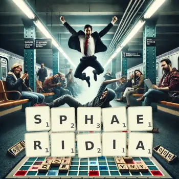 Creative illustration for a Scrabble game with the word SPHAERIDIA spelled out in tiles on the board.