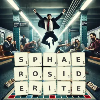 Creative illustration for a Scrabble game with the word SPHAEROSIDERITE spelled out in tiles on the board.